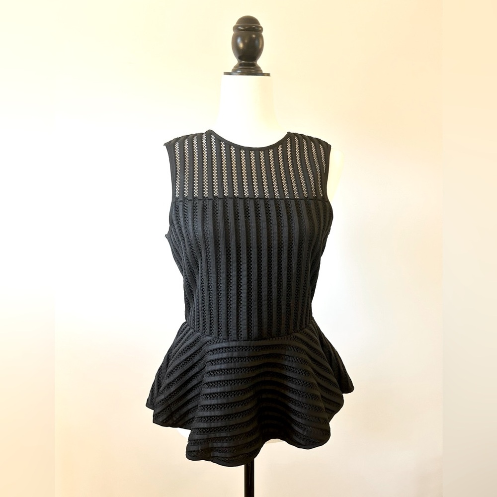 Anthropologie Black Mesh Ribbon Top with Peplum, Evening - size Medium